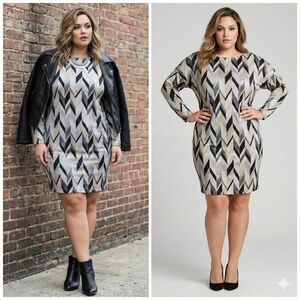 Trina Turk XXL Gina Metallic Chevron Dress 2XL 3XL Bracelet Sleeve Swing